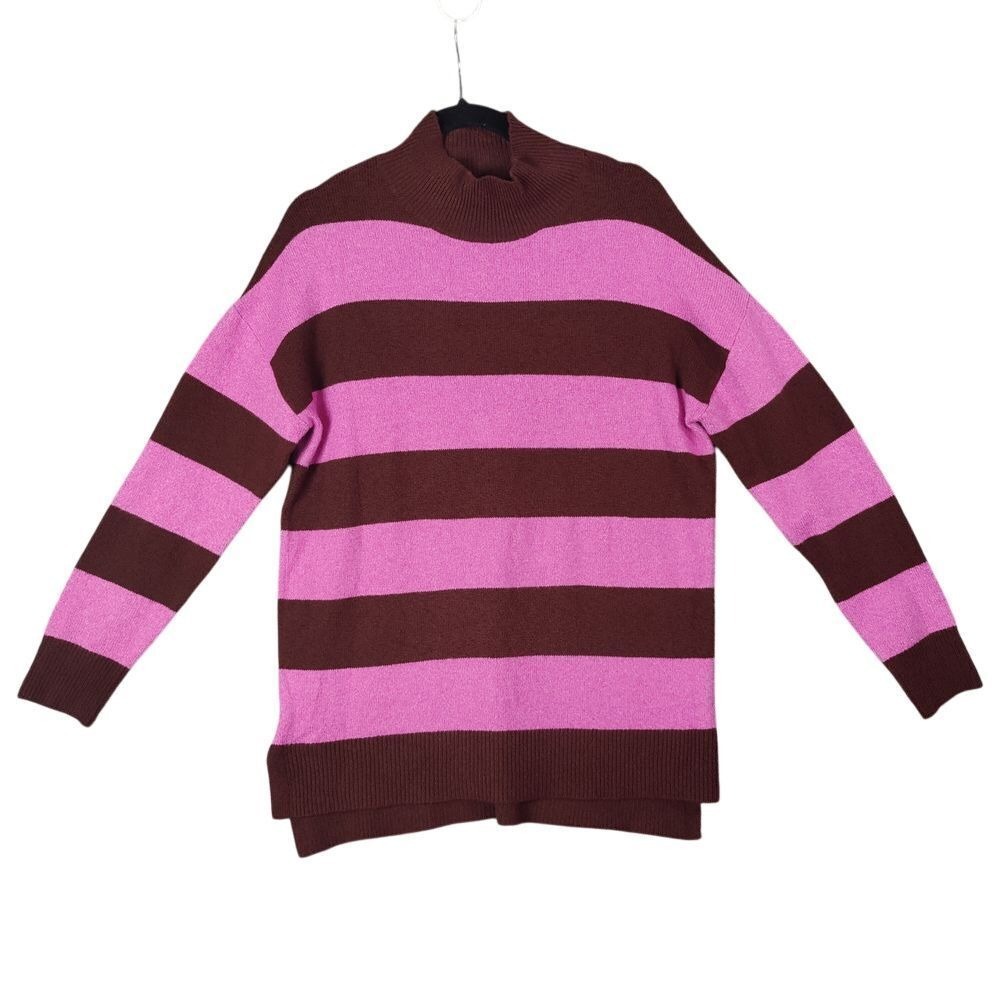 LOFT Womens Preppy Mod Retro Bold Cozy Striped Tunic Sweater M Pink Brown NEW